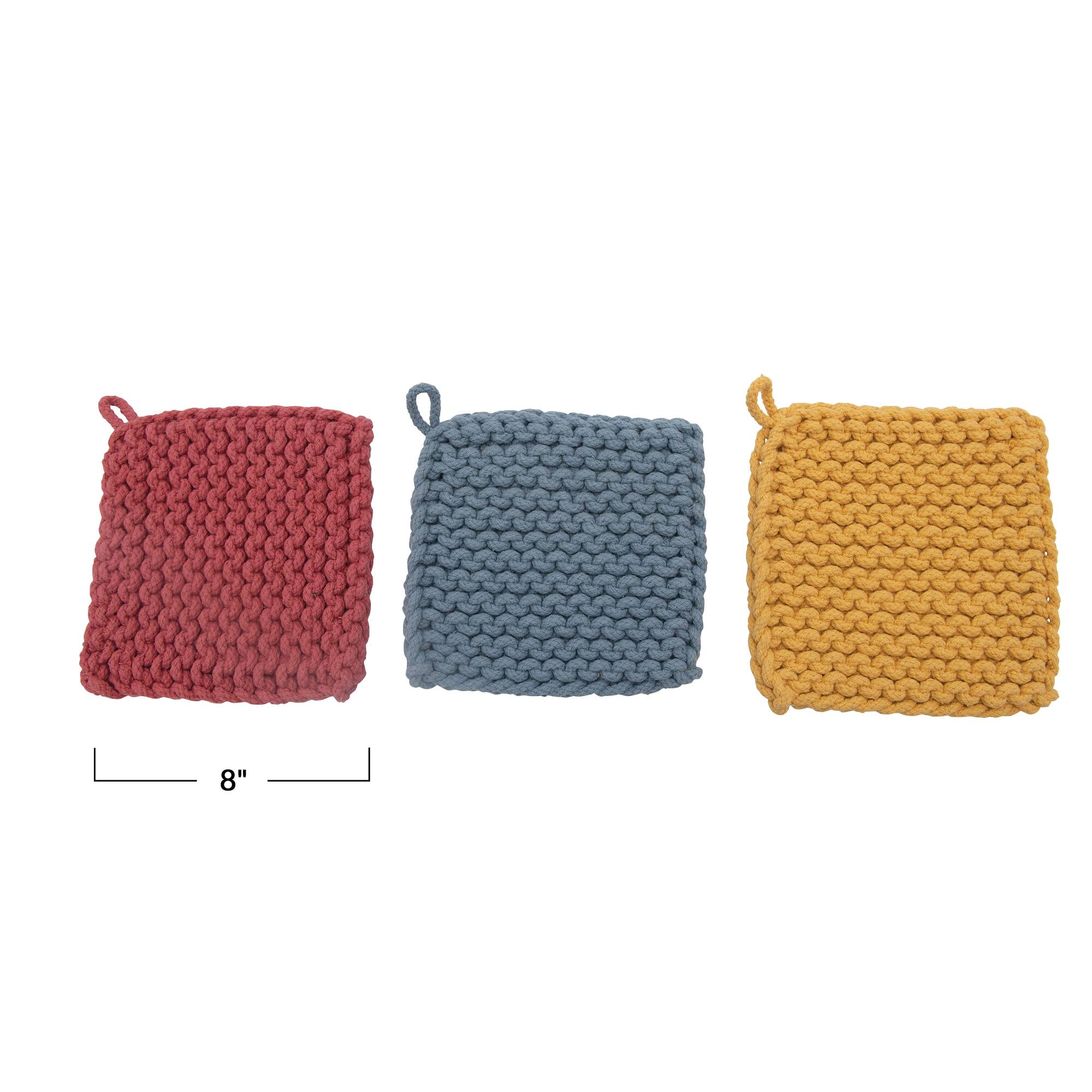 Hello Honey® Pink, Blue & Yellow Square Cotton Crocheted Potholder Set